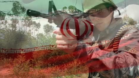 digital composition of waving iran flag against soldier training with a gun at training camp