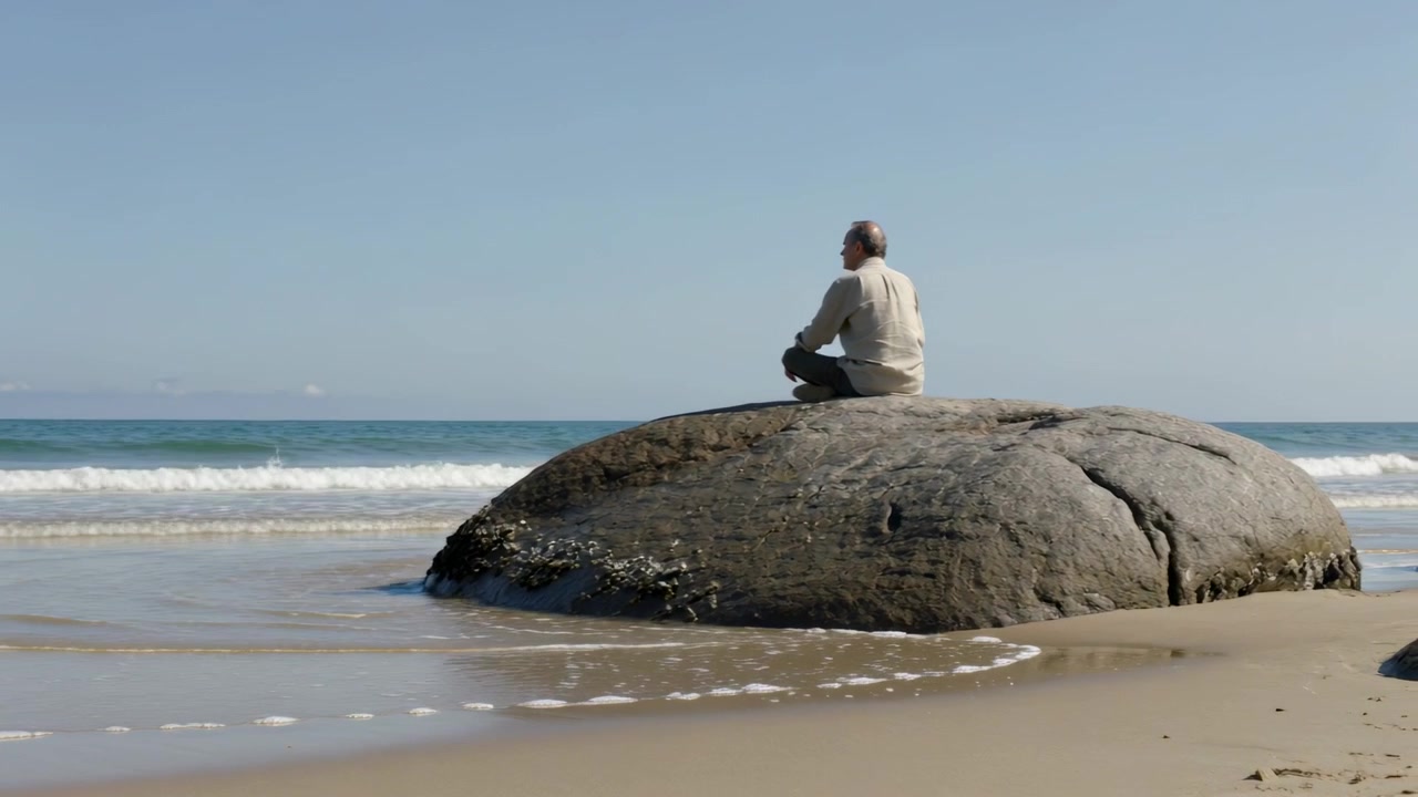 Sitting senior man thinking to horizon as tide pulls,in lighttop,darkpants boulder,surf, copy space