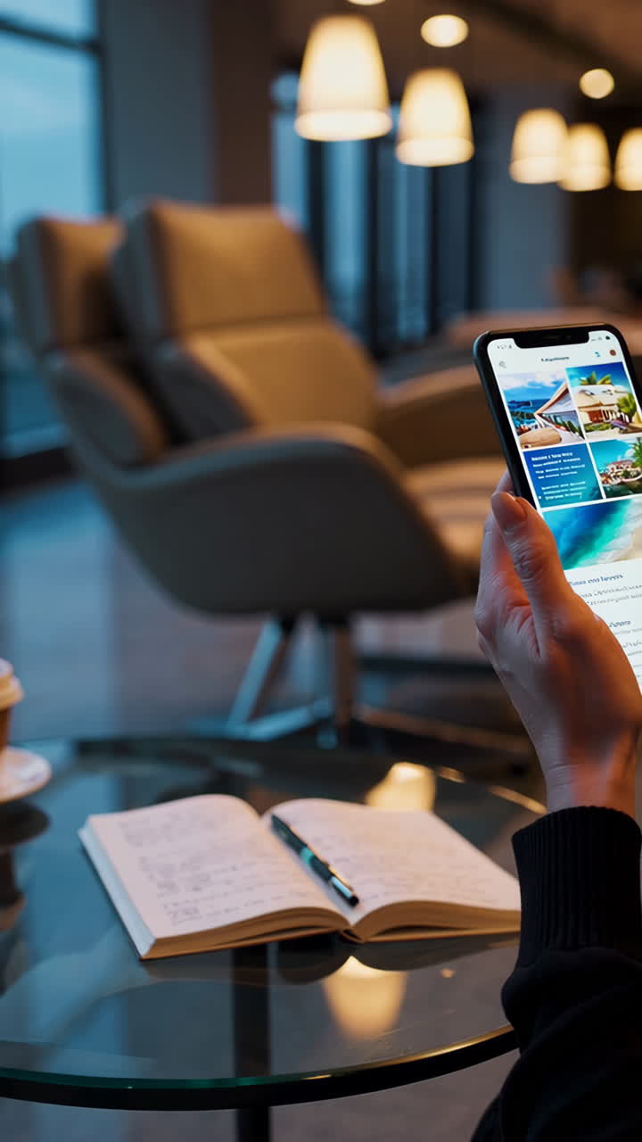 Person using a smartphone in a modern lounge or office setting