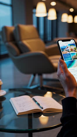 person using a smartphone in a modern lounge or office setting