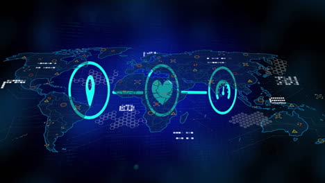 Animación-Del-Procesamiento-De-Datos-Y-Mapa-Mundial-Con-Iconos-Sobre-Fondo-Oscuro