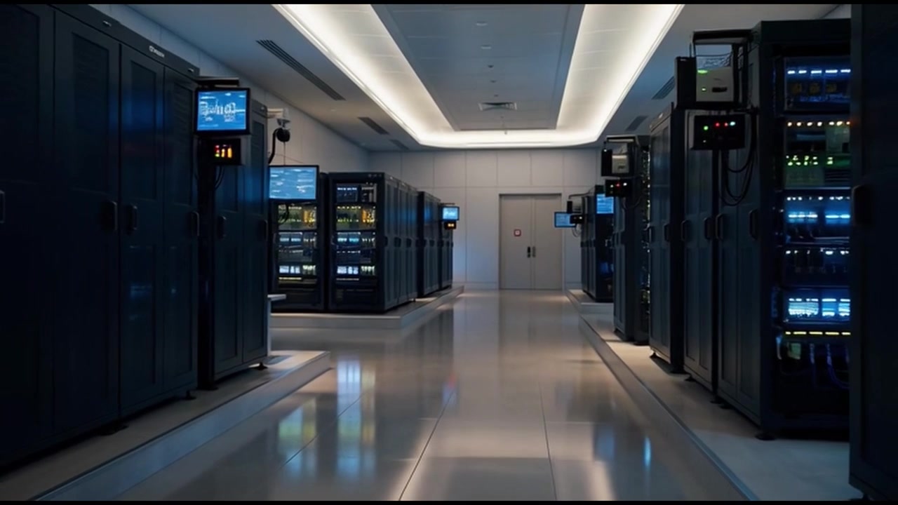 Sala server di un moderno data center con file di rack di server