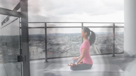 animation of walking people over asian woman practicing yoga and meditating