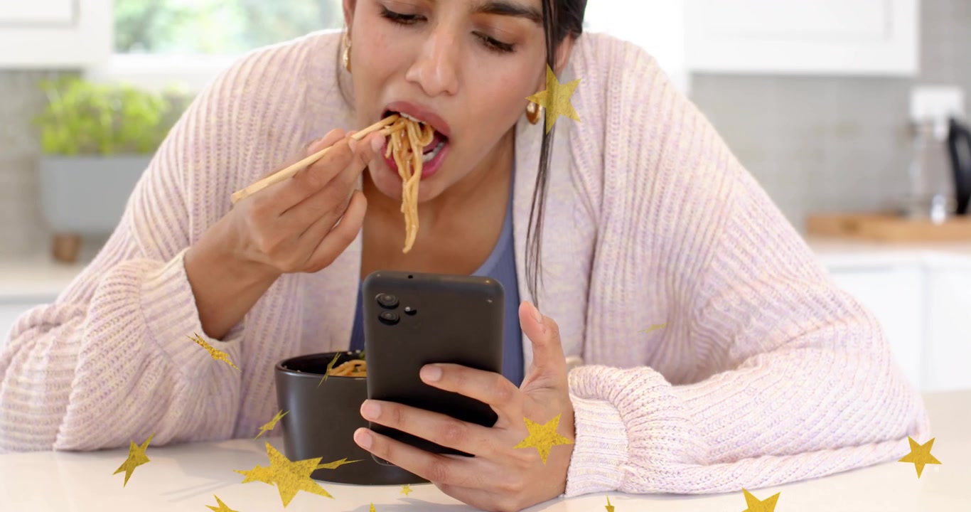 Smartphone alert guiding woman scooping, eating noodles, interacting with animated technology icons