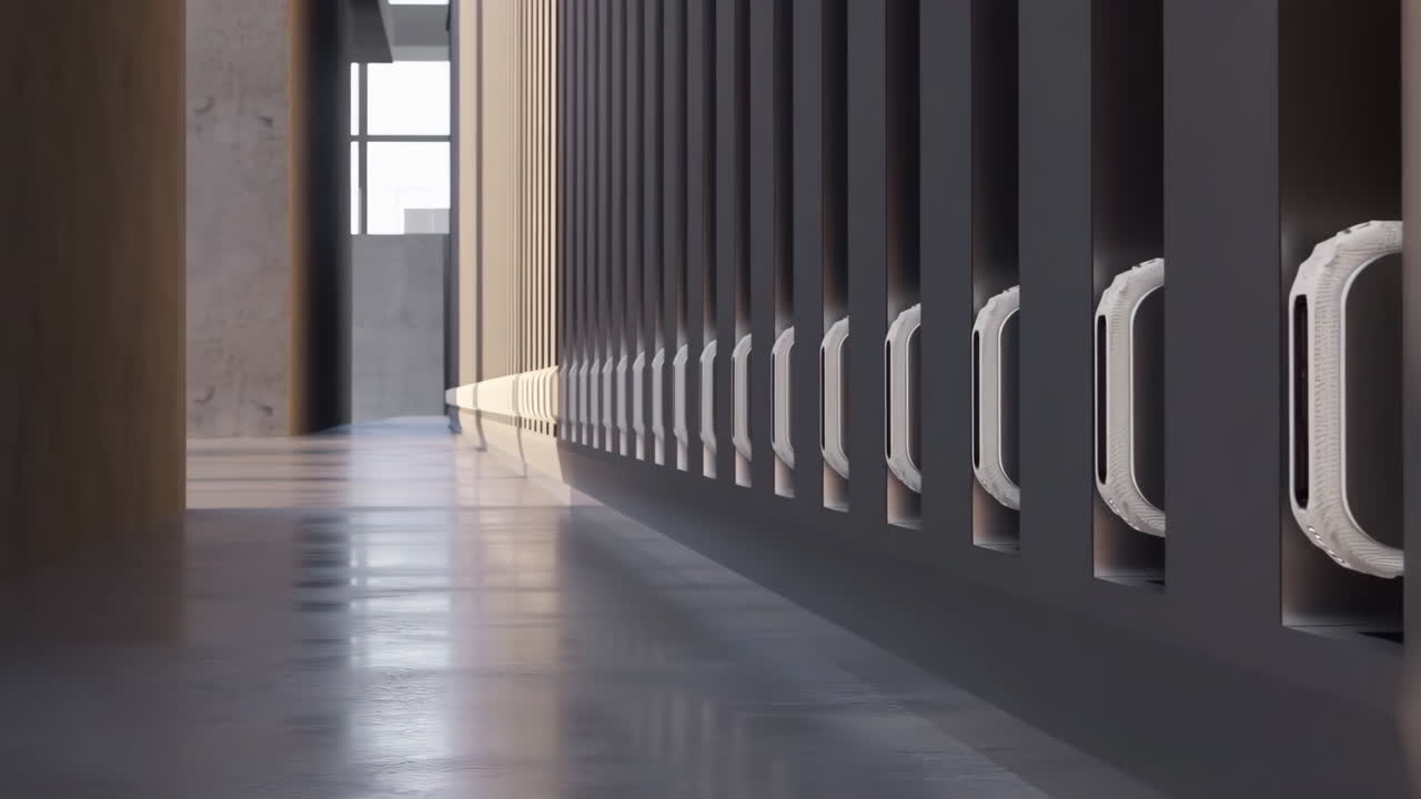 Modern Minimalist Hallway with Sunlight and Geometric Wall Panels