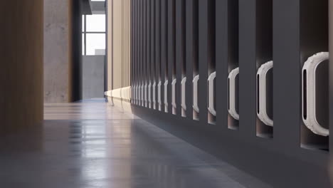 modern minimalist hallway with sunlight and geometric wall panels