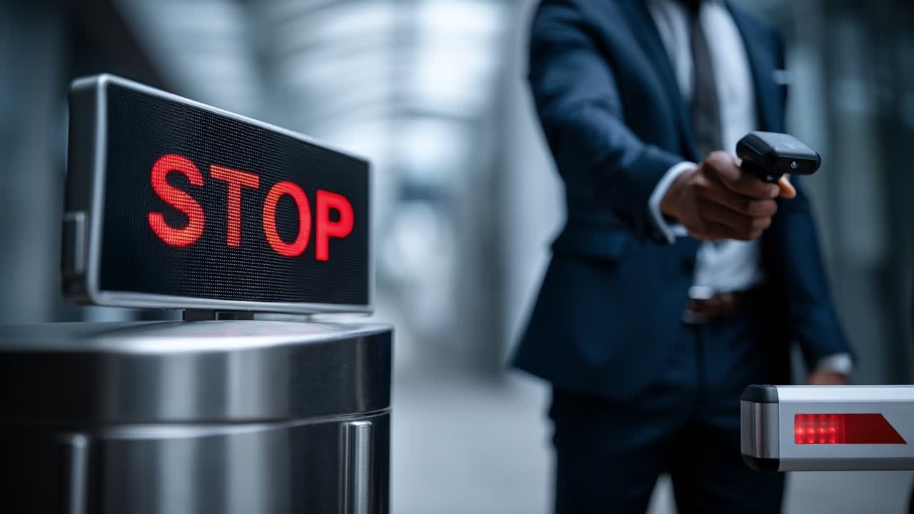 Red glowing stop sign on a security turnstile with a blurred businessman in a suit in the background at an office