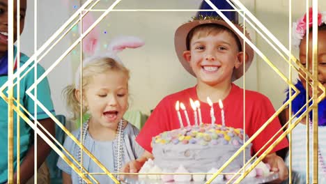 animation of golden pattern over boy holding birthday cake at children's party