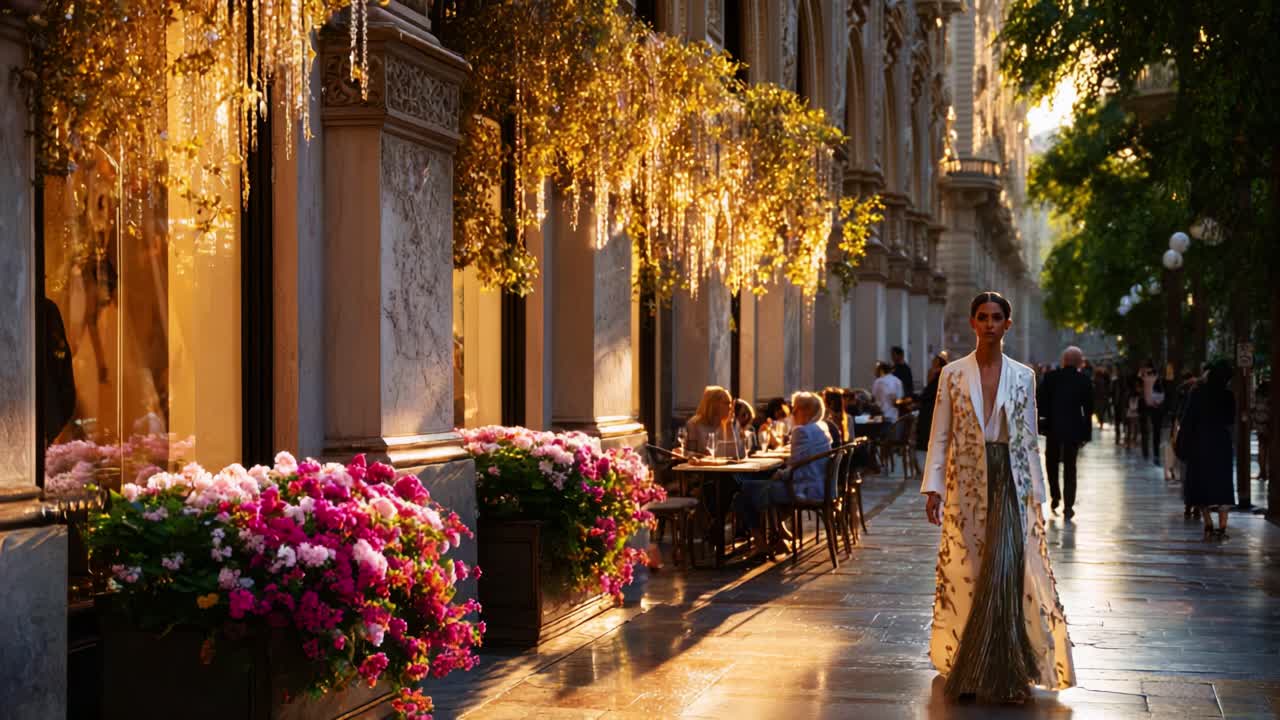 A stunning fashion moment captured in the golden hour, featuring a model gracefully walking along a beautifully adorned street lined with vibrant flowers and elegant architecture