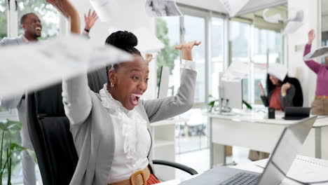 laptop, black woman and office celebration