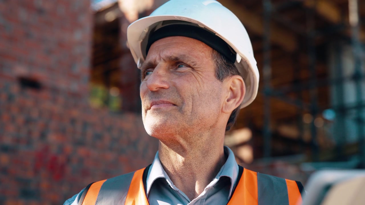 Mature Construction Engineer Reviewing Plans on Tablet at Building Site