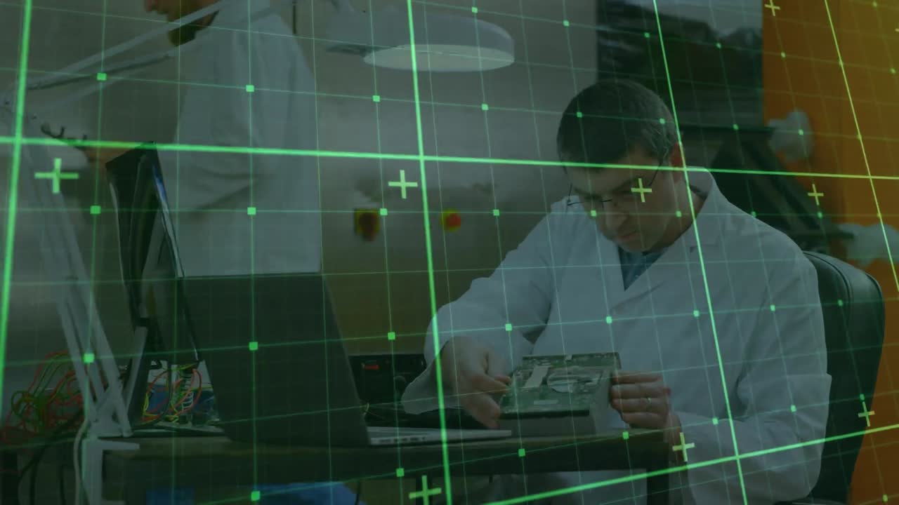 사무실에서 일하는 백인 남성 과학자에 대한 그리드 패턴의 애니메이션