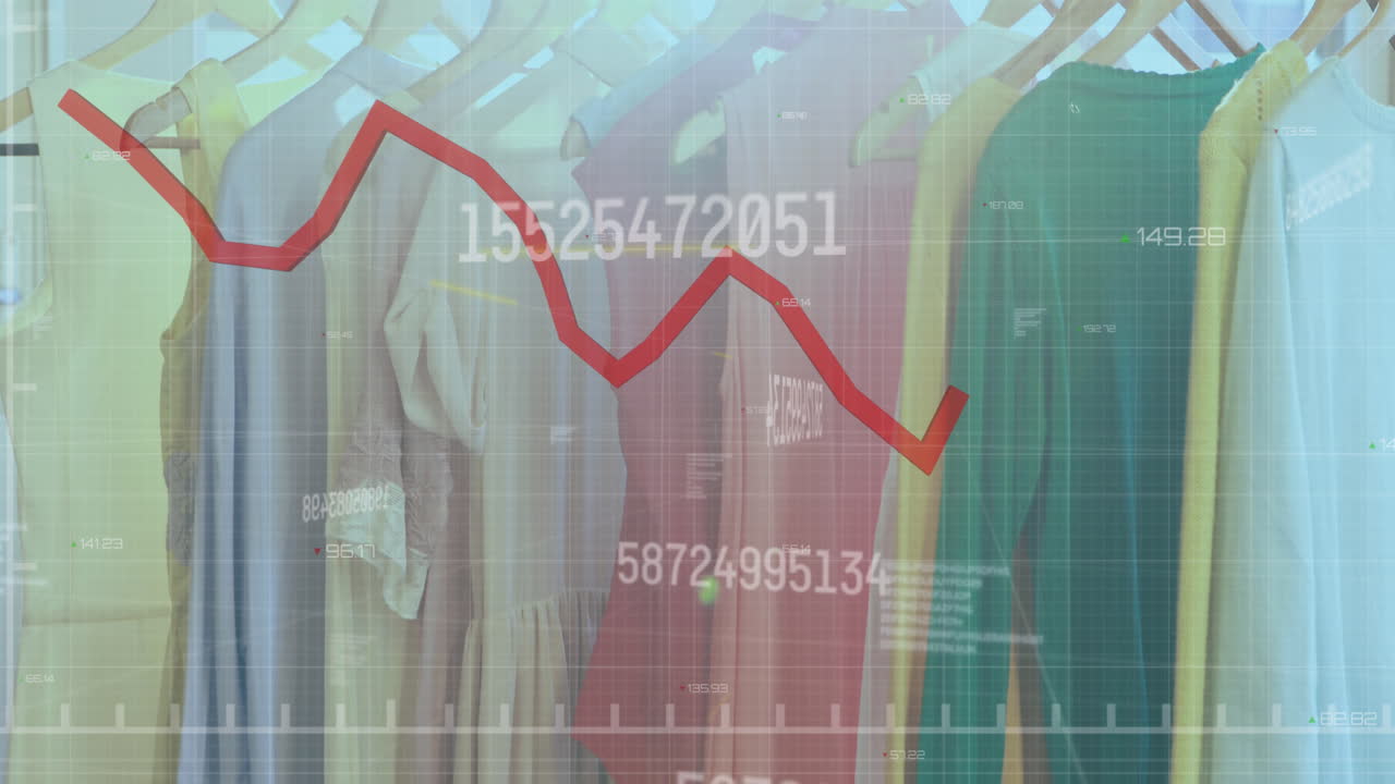 анимация цифр, меняющихся и обработка красной линии над рельсами подвешенной одежды в магазине