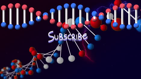 animación del texto de suscripción sobre hélices de adn giratorias, patrón abstracto multicolor volador