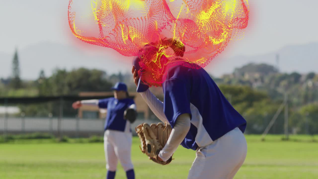 Un lanciatore di baseball accovacciato sul monte di lancio alza lo sguardo al cielo, generando un vortice ed esprimendo sfinimento.