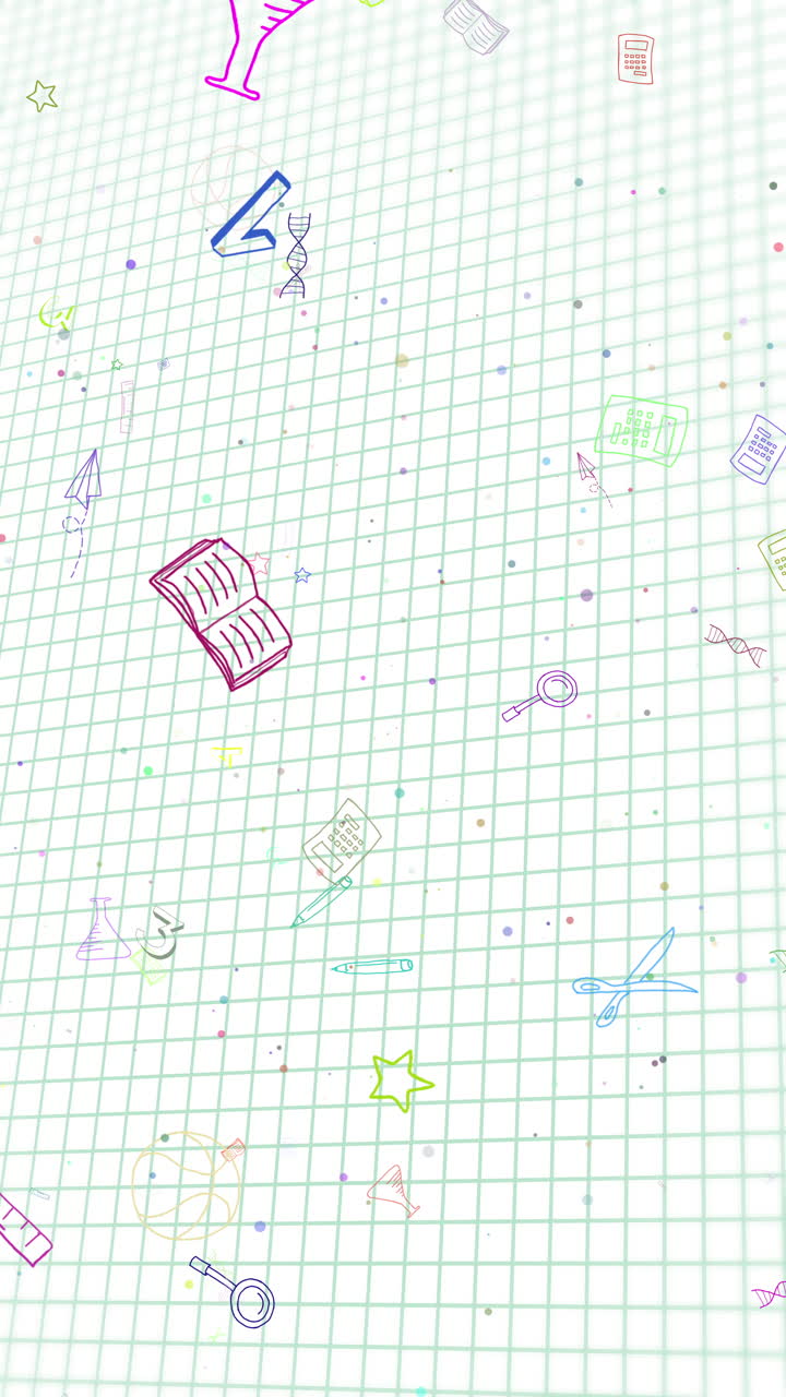 White grid paper with flying color cartoon school icon. Loop animation. Vertical video.