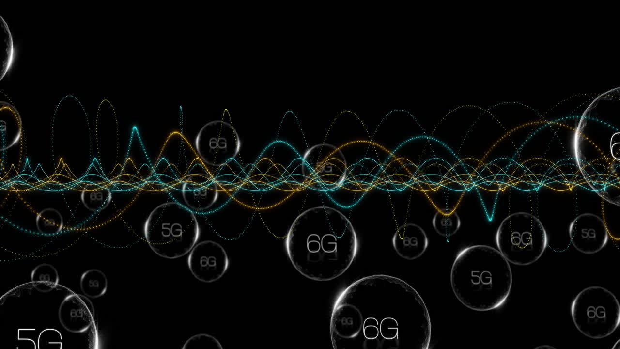 Colorful wave patterns with 5G and 6G text creating animation on black background