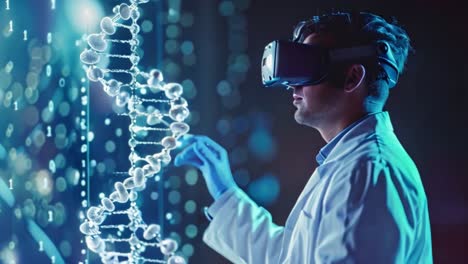 a man wearing a vr headset interacts with a holographic dna structure, representing virtual reality in genetic research or biotechnology