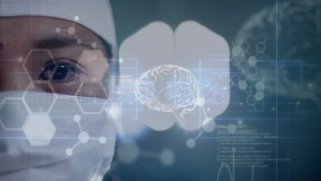 animation of data processing with molecules and brains over biracial female surgeon in hospital