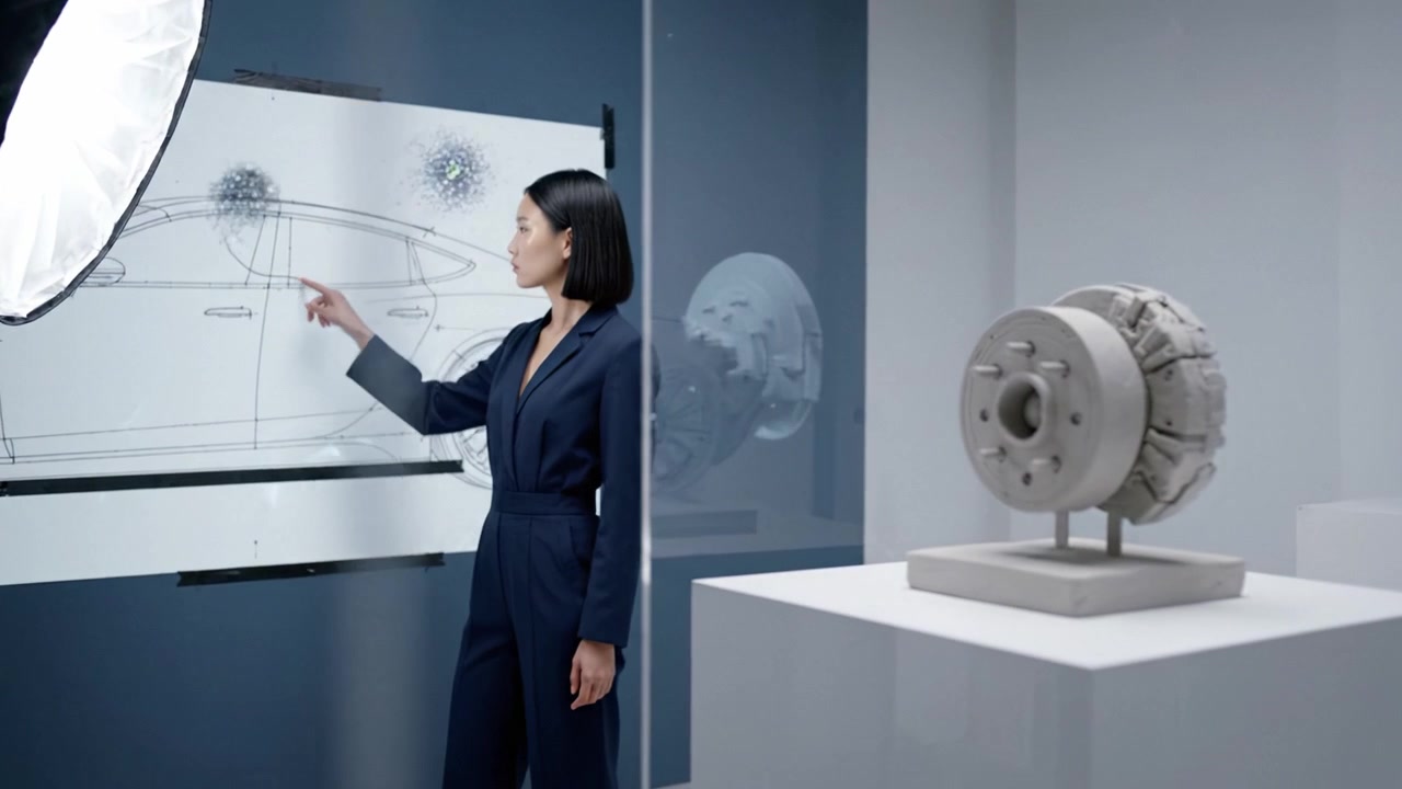 A Stylish Model Posing Elegantly Against a Creative Automotive Design Background with Innovative Engine Component Display in a Modern Studio Setting