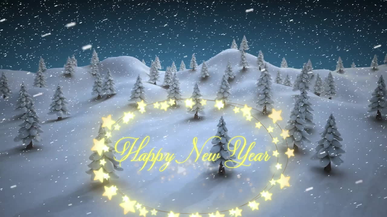 Happy New Year text with glowing stars in snowy landscape animation scene