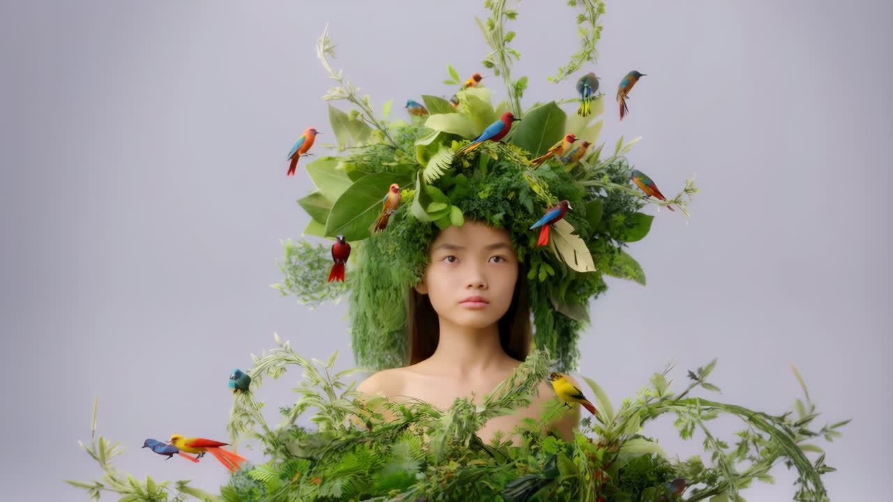 Artistic Portrait of a Woman Adorned with Lush Foliage and Colorful Birds