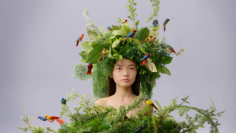 artistic portrait of a woman adorned with lush foliage and colorful birds