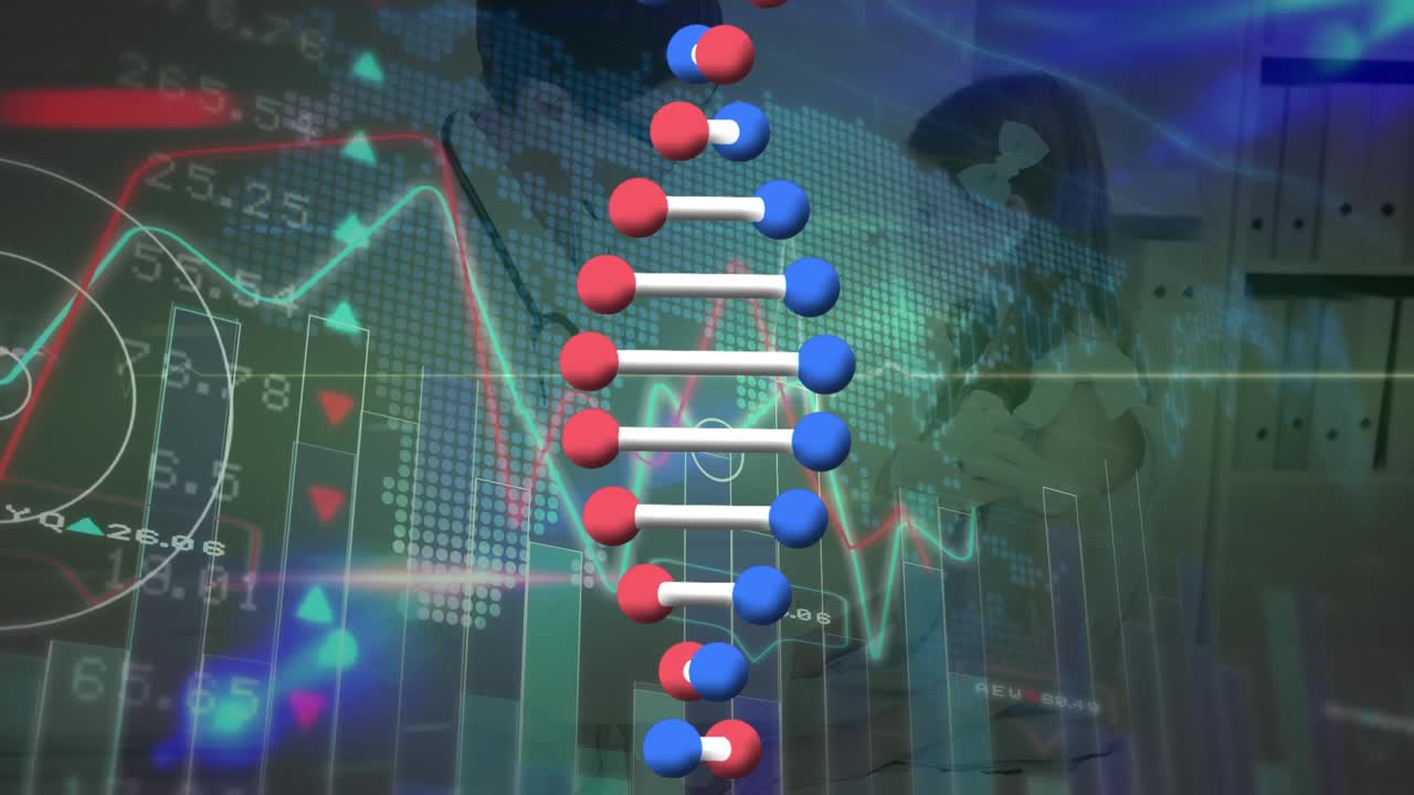 Animation of dna strand spinning over data processing and exercising strongman