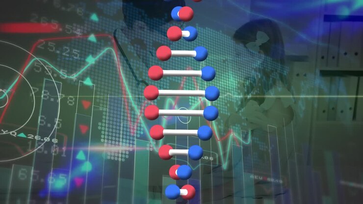 Animazione di filamento di DNA che ruota sull'elaborazione dati e uomo forzuto che si allena