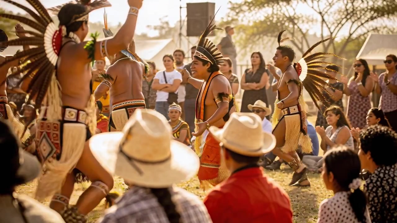 Uomini indigeni che entrano in cerchio, eseguono passi rituali sull'erba, indossando copricapi per la loro cultura.