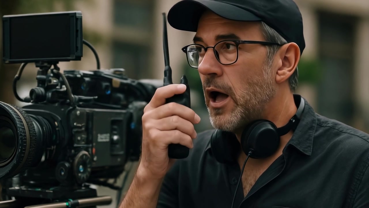 Regista cinematografico concentrato che comunica via walkie-talkie sul set
