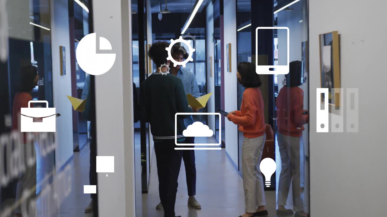 Animation of icons and financial data processing over diverse business people in office