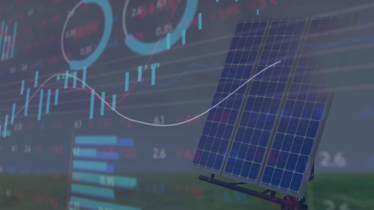 잔디에 태양 전지판을 사용하여 통계 및 증권 시장 데이터 처리의 애니메이션