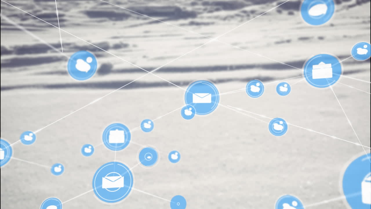 Animation of network of digital icons against sea waves