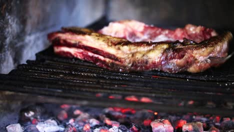 close-up of meat on a grill with fire