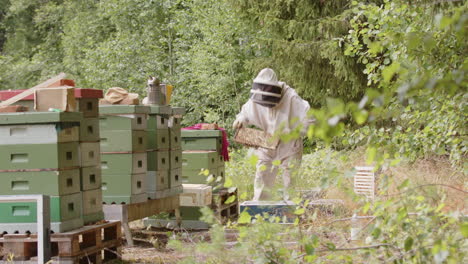 el apicultor en el traje de protección de abeja blanca devuelve los marcos a la colmena