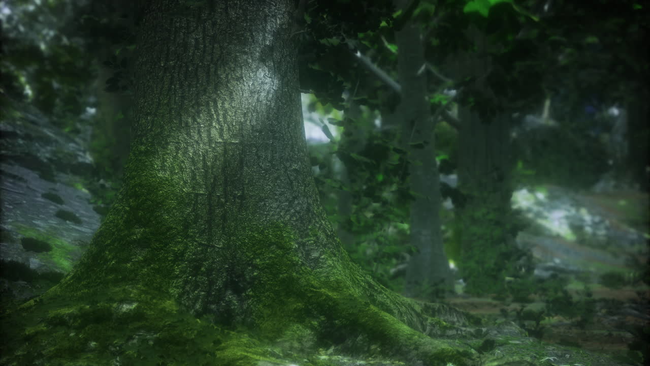 Sunlight filtering through leaves in a tranquil forest grove at midday