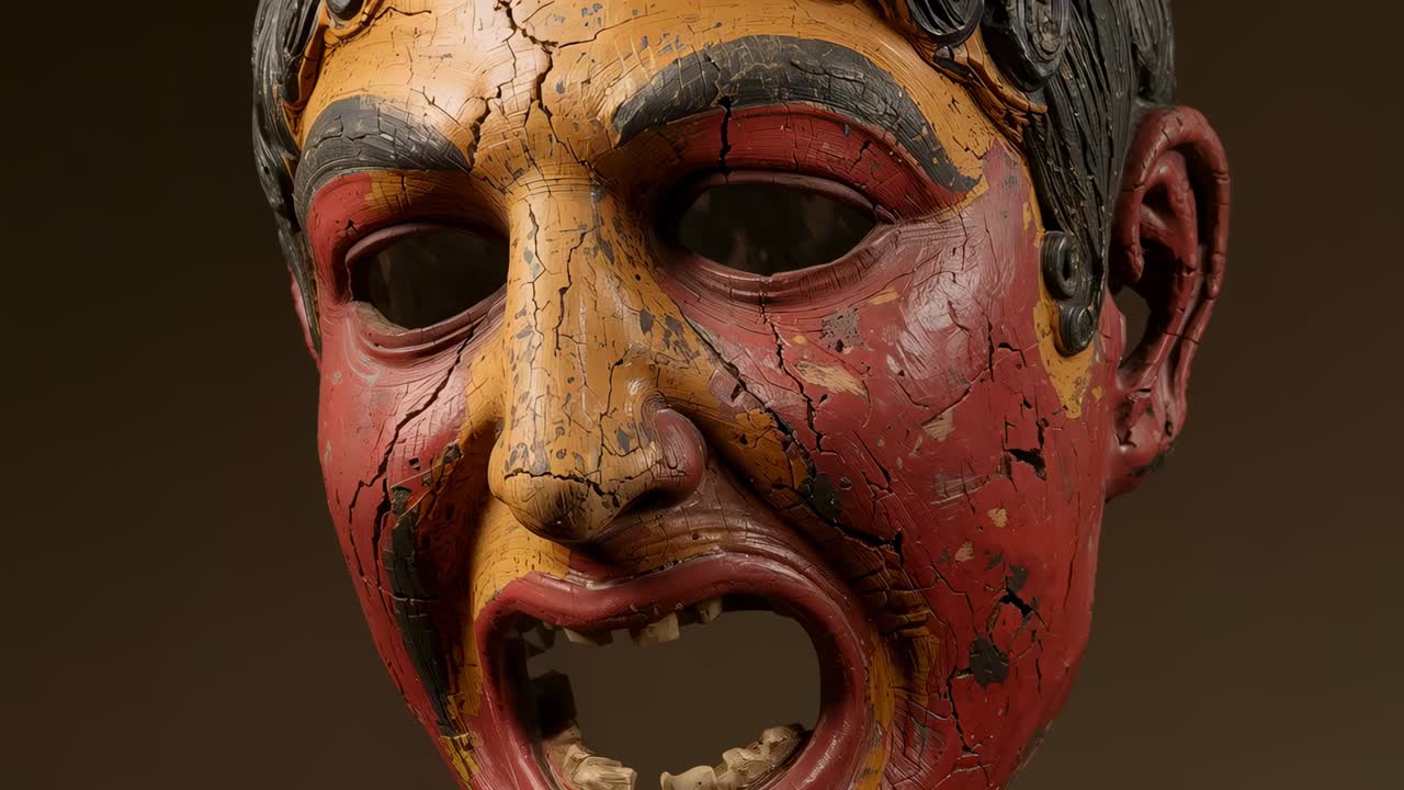 Starting studio close-up, camera shifting center, revealing carved mask with yellow red cracks