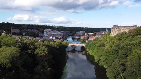 aerial drone shot of river wear bridges in durham city centre near durham castle and cathedral