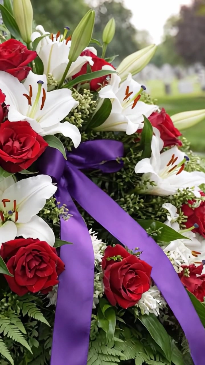 Uma Coroa Floral Lindamente Arranjada com Rosas Vermelhas e Lírios Brancos Adornada com uma Fita Roxa, Simbolizando Amor e Lembrança em um Cemitério.