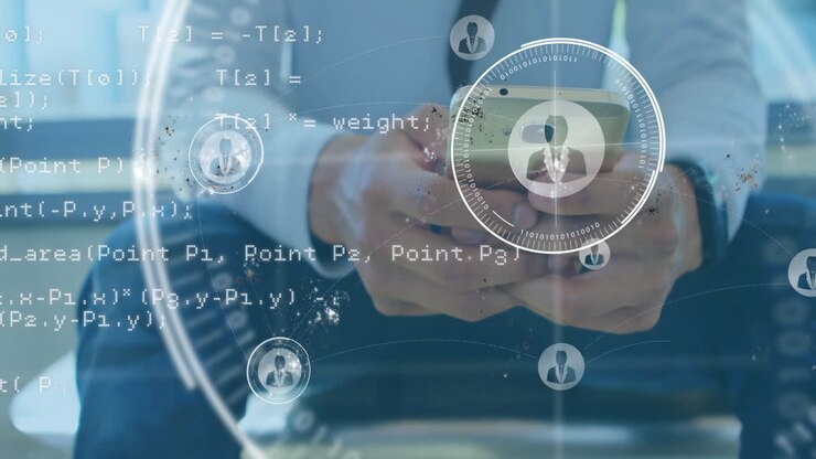 Programming code and data analysis animation over person using smartphone