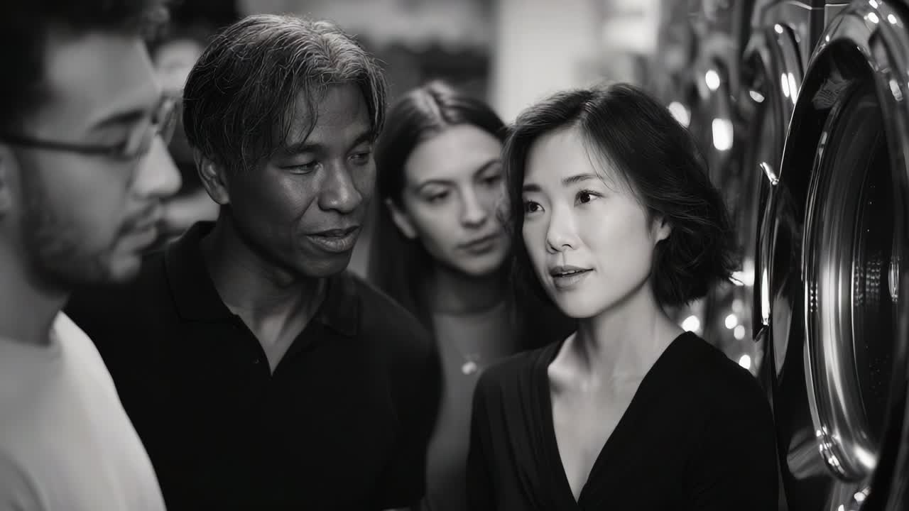 A Moment of Connection: A Group of Four Individuals Engaged in a Deep Conversation in a Laundromat Setting, Capturing Intriguing Emotions and Dynamics in Close Proximity to the Washing Machines