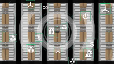 animación del procesamiento de datos sobre cajas de cartón en cintas transportadoras