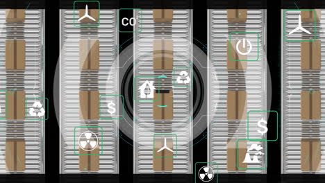 animation of data processing over cardboard boxes on conveyor belts