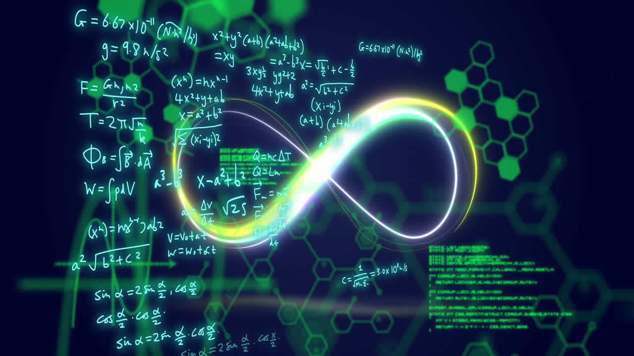 Animation of mathematical formulae and scientific data processing over black background