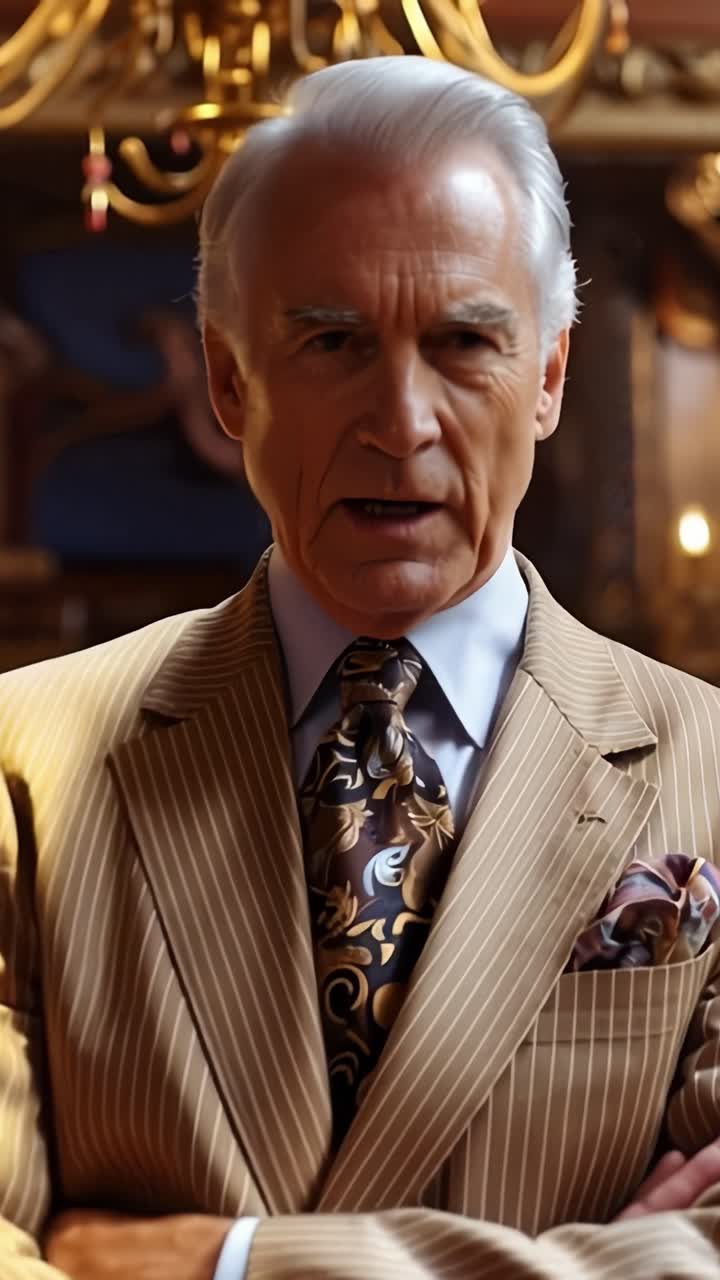 Un distinto gentiluomo in un elegante abito gessato posa con sicurezza tra televisori vintage, mostrando eleganza e fascino in un ambiente senza tempo