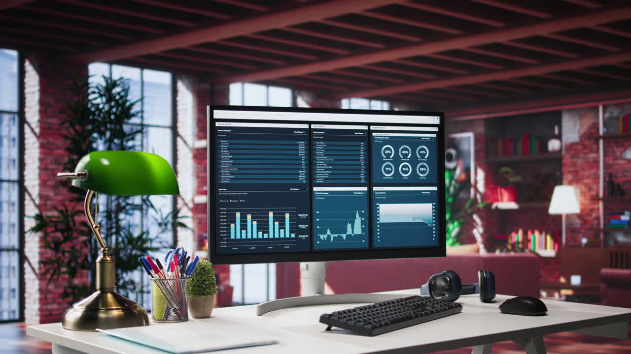 Empty modern desktop ready for business development work with infographics