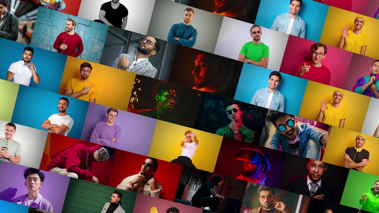 Montaggio video dinamico di uomini di diversa provenienza con rivelazione del logo