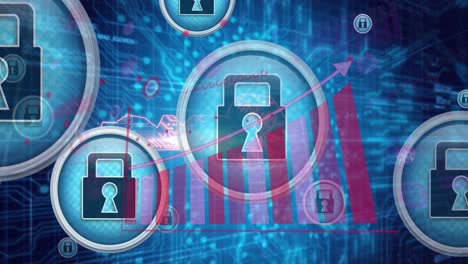 Animation-of-padlocks-in-circles-with-key-and-graphs-over-electronic-circuit-board-patterns