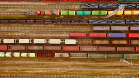 aerial view of colorful freight trains with goods on the railway station-3